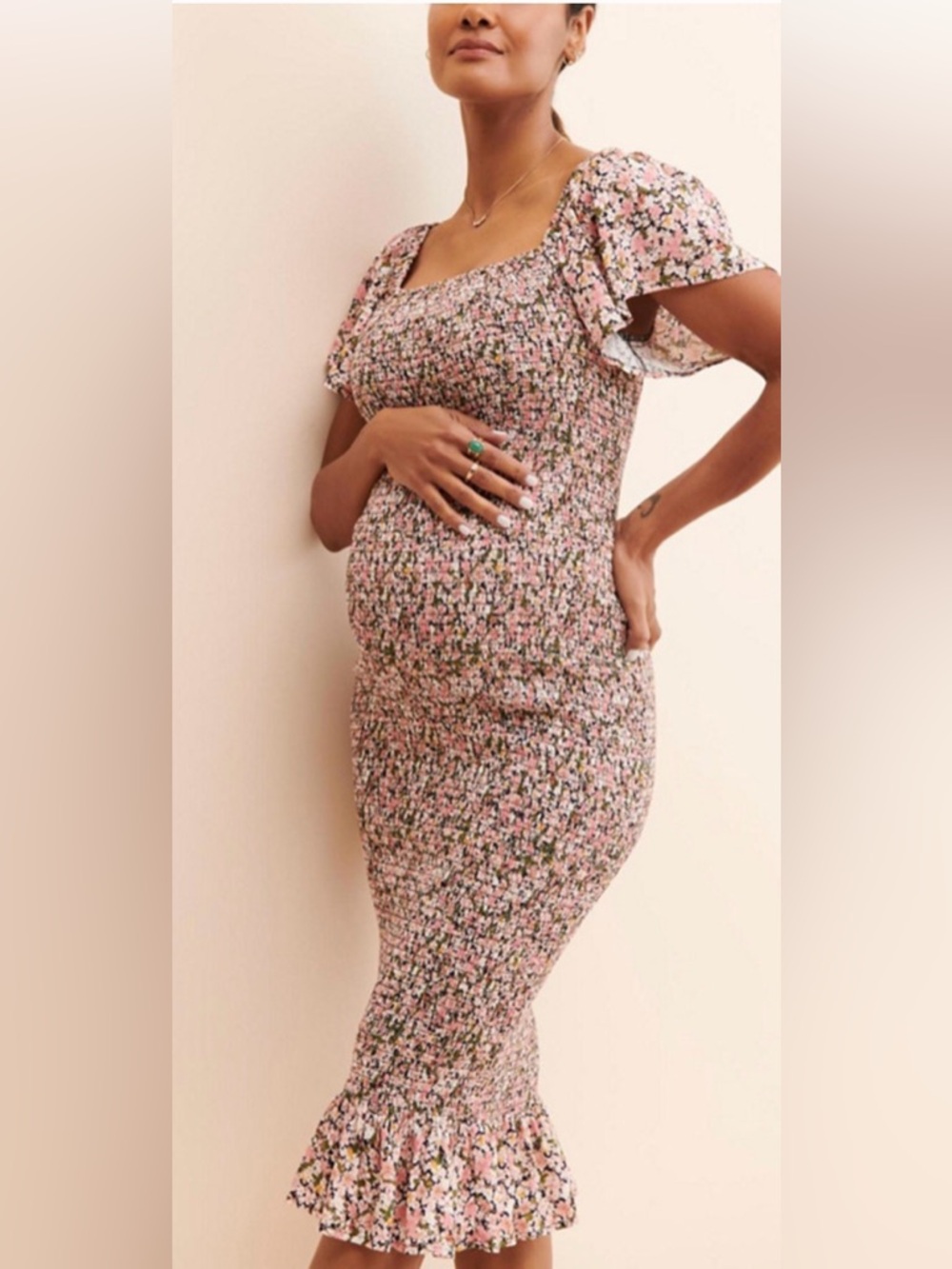 Ripe Sophia Shirred Maternity Dress. pink Floral. Size medium